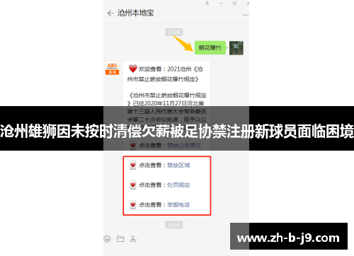 沧州雄狮因未按时清偿欠薪被足协禁注册新球员面临困境