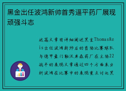 黑金出任波鸿新帅首秀逼平药厂展现顽强斗志
