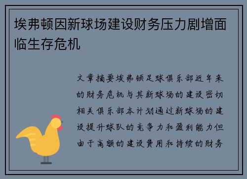 埃弗顿因新球场建设财务压力剧增面临生存危机
